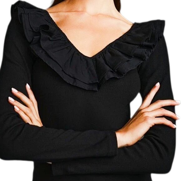 Dolan Left Coast Ruffled V-Neck Top Black M Ribbed Knit Feminine Ruffle Blouse - Picture 1 of 9